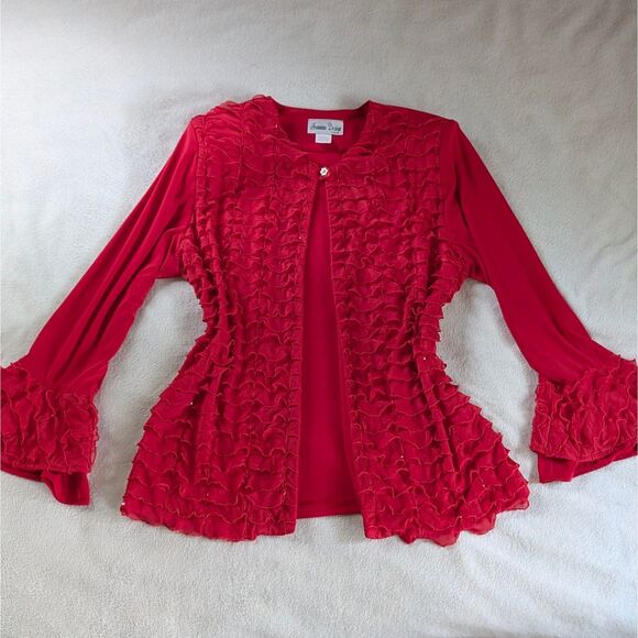 Vintage Ruffled Cardigan Women's Medium/Large Red Sparkly Flare Bell Sleeve - Picture 2 of 8